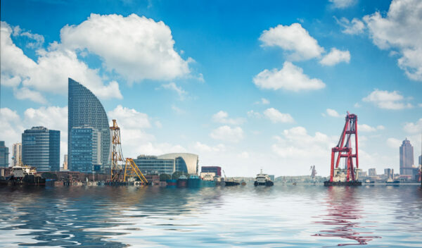 Business district cityscape from a park with blue sky